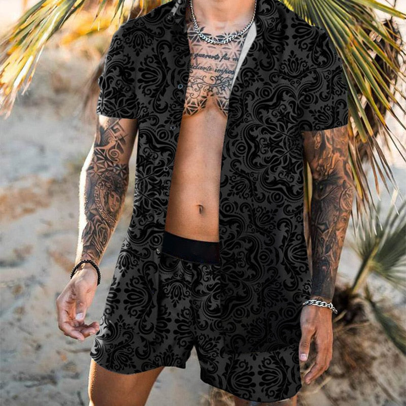 Men Sets Floral Shirt Beach Two Piece Suit