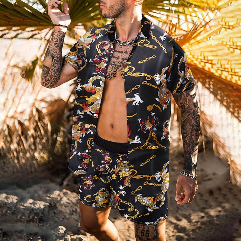 Men Sets Floral Shirt Beach Two Piece Suit