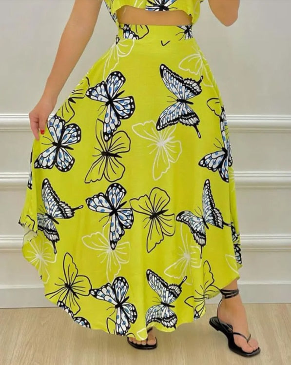 Two-piece Long Skirt, Sexy Butterfly Print Dress