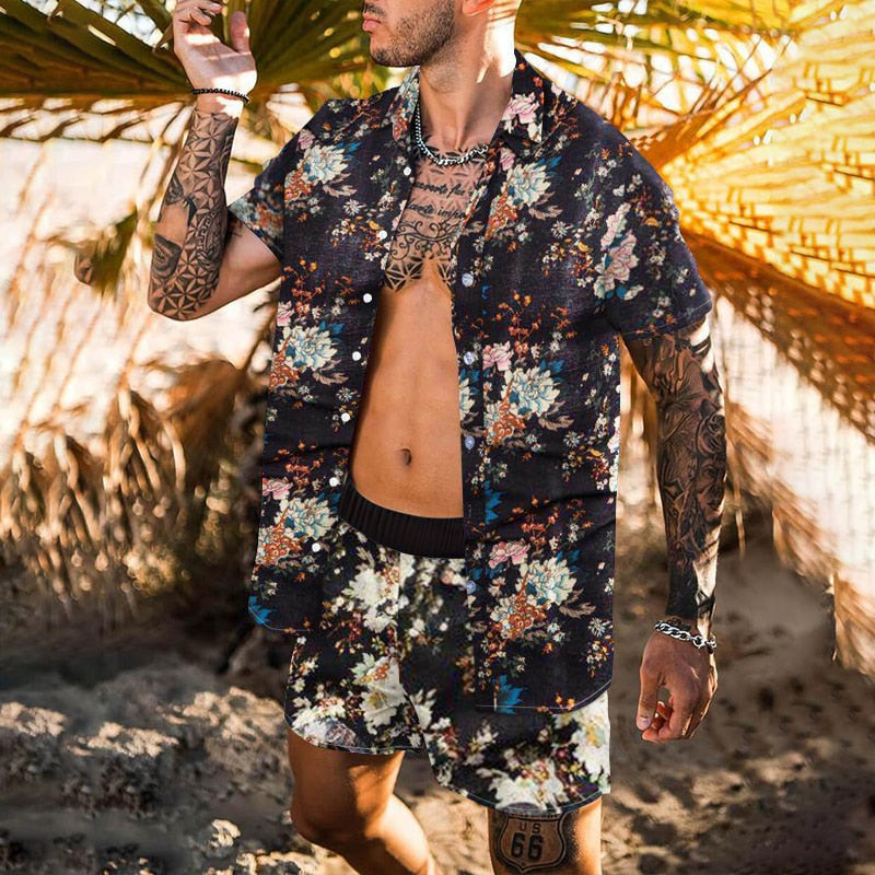 Men Sets Floral Shirt Beach Two Piece Suit