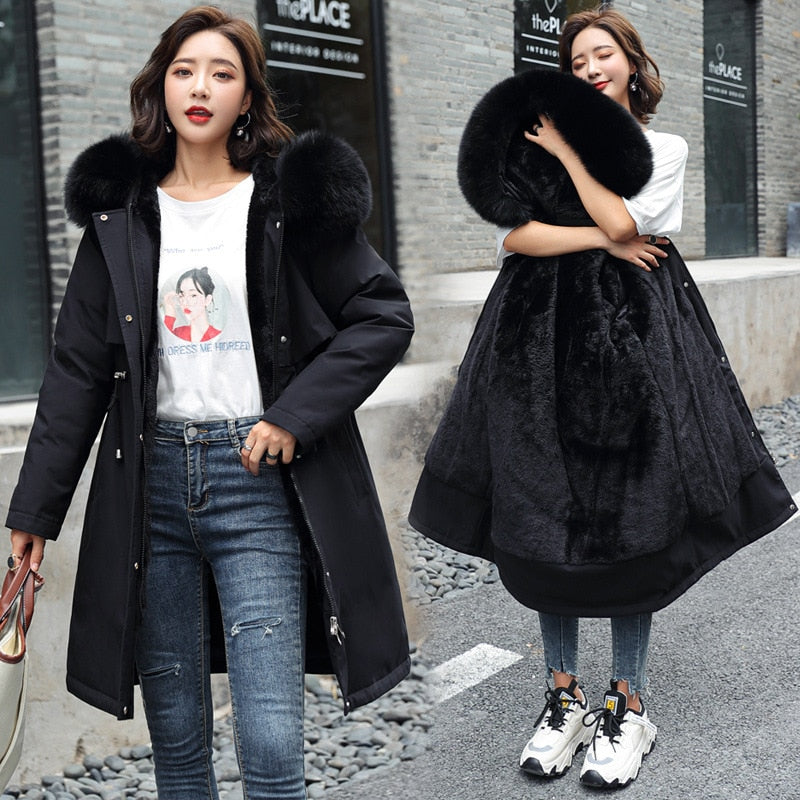 Velvet Hooded Mid-length Coat