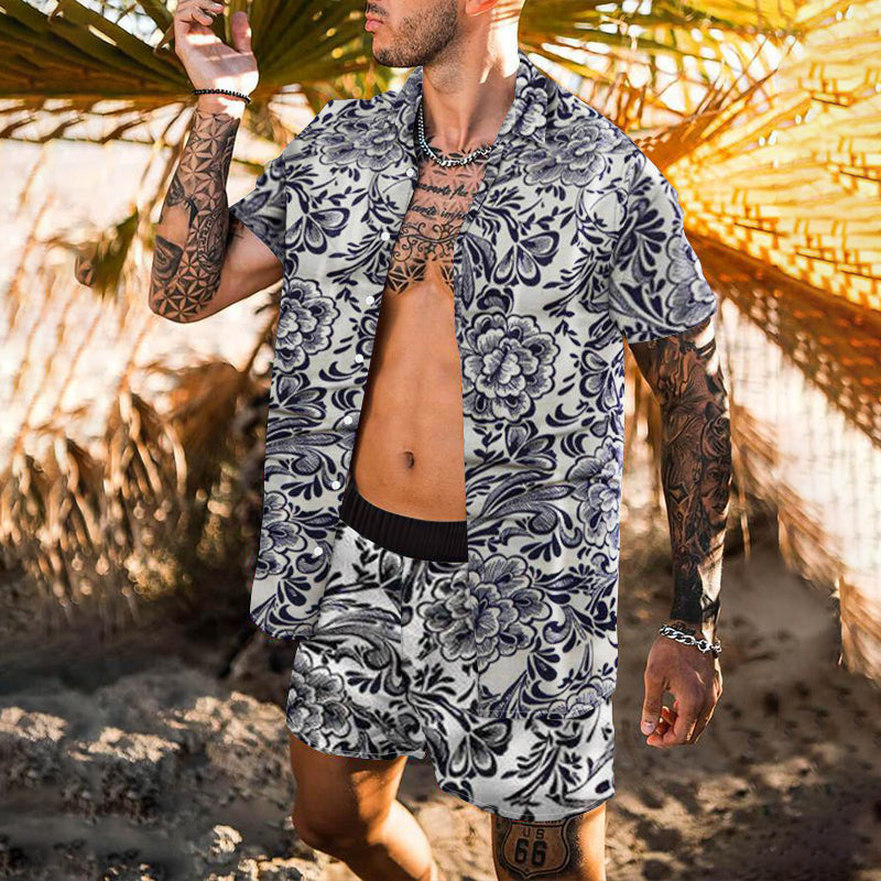 Men Sets Floral Shirt Beach Two Piece Suit