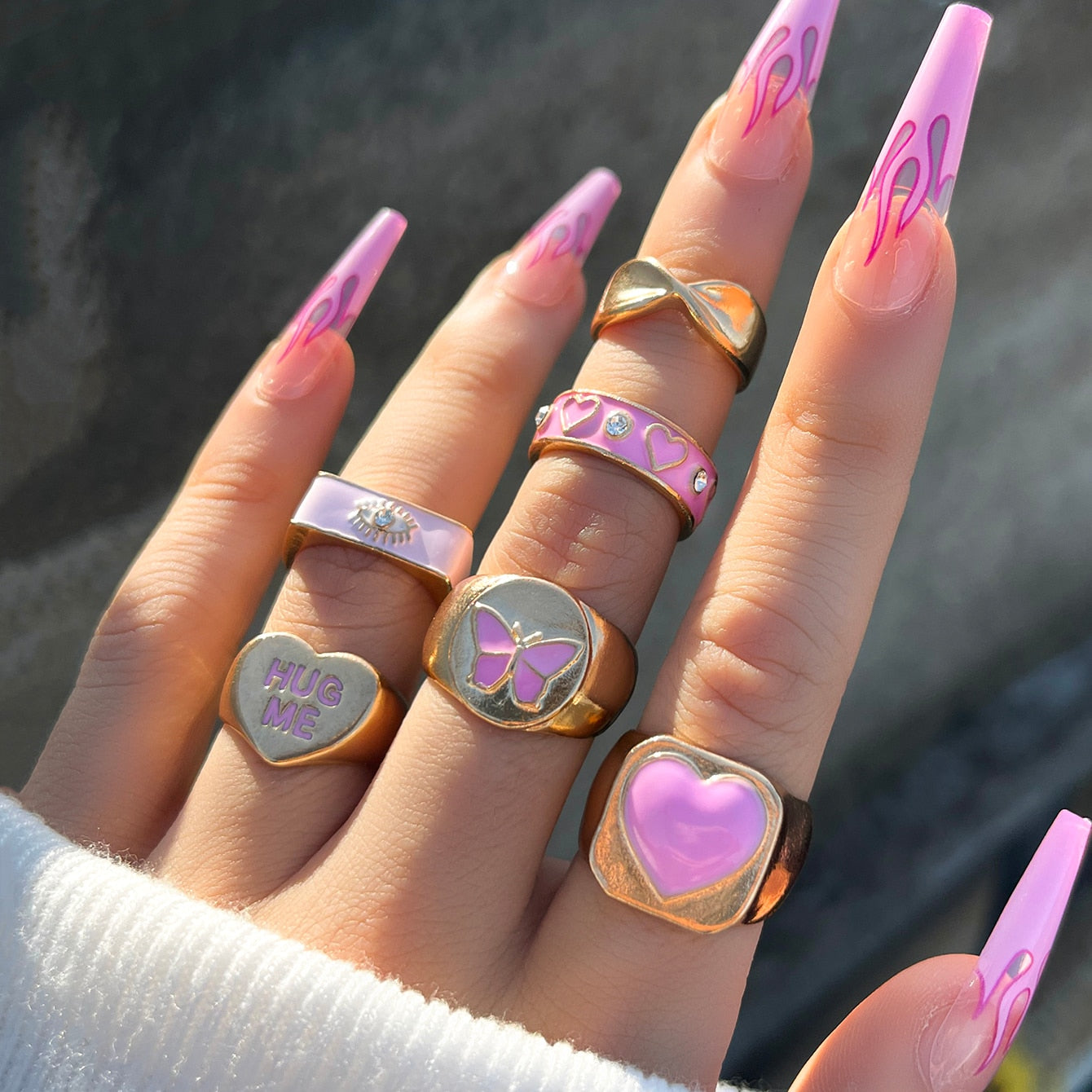 Cute Pink Butterfly Ring Set