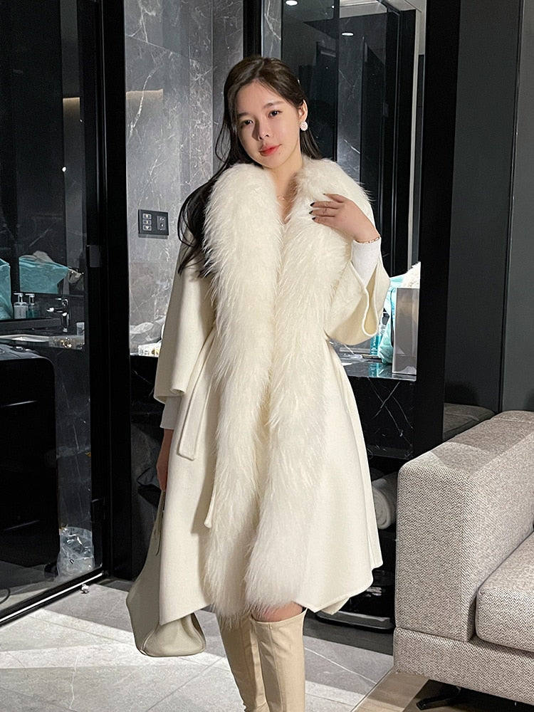 Genuine fox fur real woolen coat