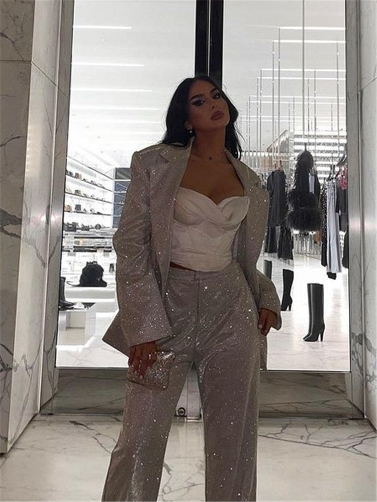 Glitter Silver Party Two Piece Pants Set Women suit