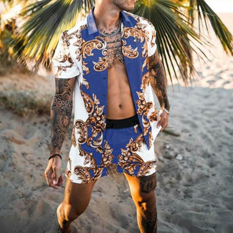 Men Sets Floral Shirt Beach Two Piece Suit