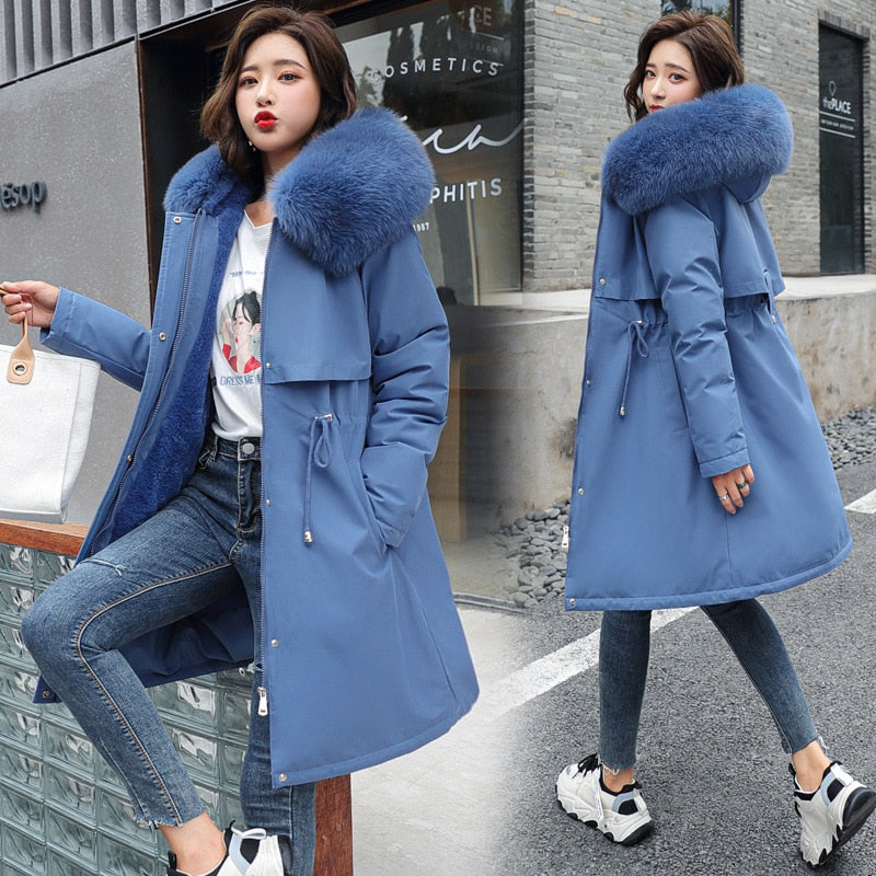 Velvet Hooded Mid-length Coat