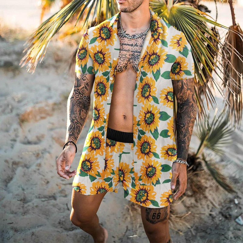 Men Sets Floral Shirt Beach Two Piece Suit