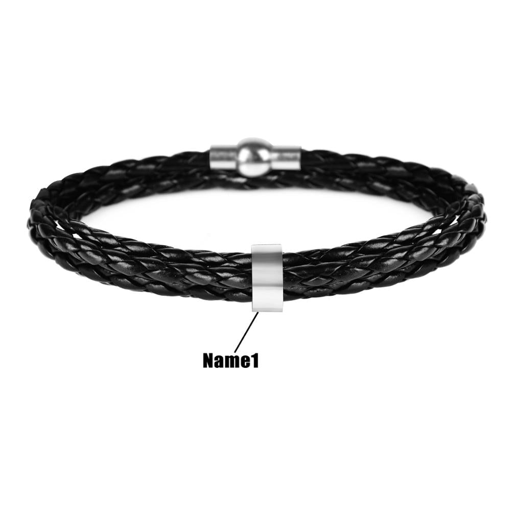 Custom Beads Name Leather Bracelet & Stainless Steel