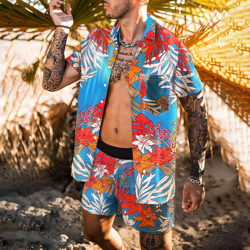 Men Sets Floral Shirt Beach Two Piece Suit