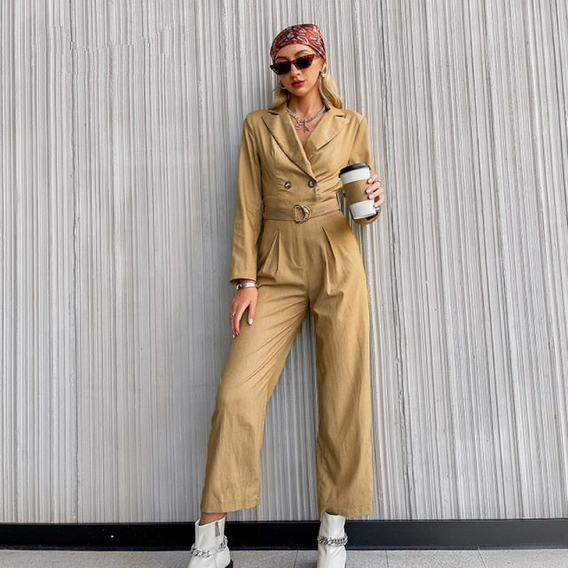 V-neck long jumpsuit with belt