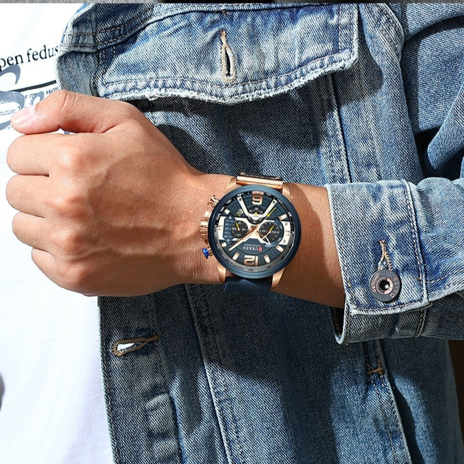 Blue Casual Sport Watches Luxury Leather for Men