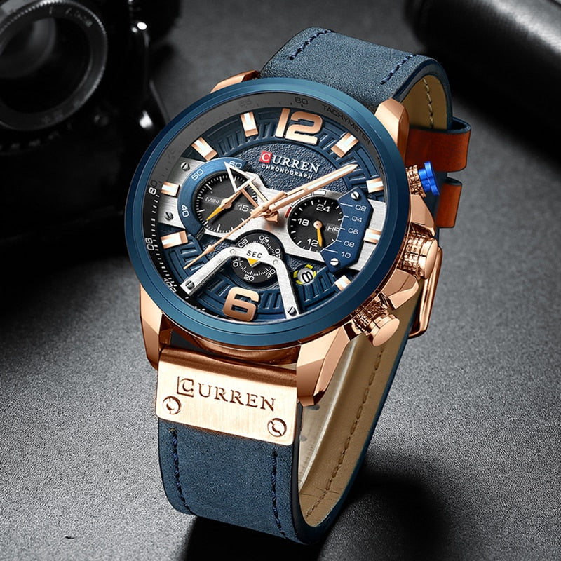 Blue Casual Sport Watches Luxury Leather for Men