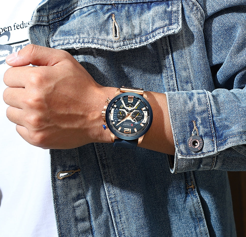 Blue Casual Sport Watches Luxury Leather for Men