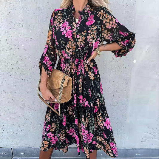 Elegant Boho Ruffle V Neck Vintage Floral Print Dress