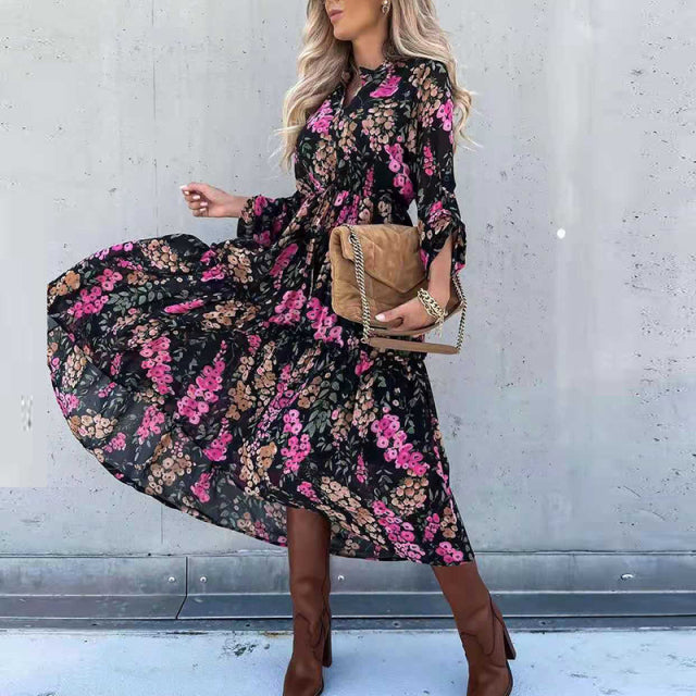 Elegant Boho Ruffle V Neck Vintage Floral Print Dress