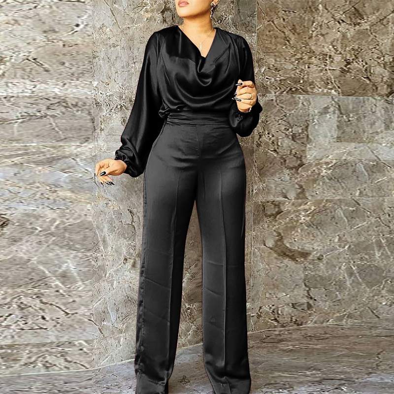 Silk Suit V Neck Puff Sleeve Jumpsuits