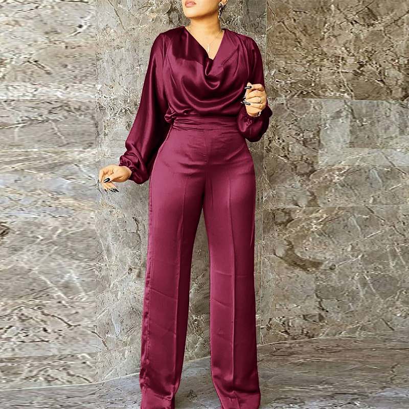 Silk Suit V Neck Puff Sleeve Jumpsuits