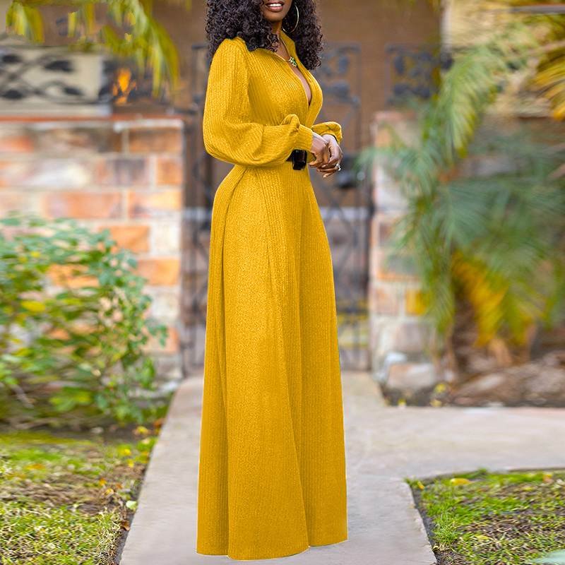 Elegant Puff Sleeve V Neck Wide Leg Jumpsuits