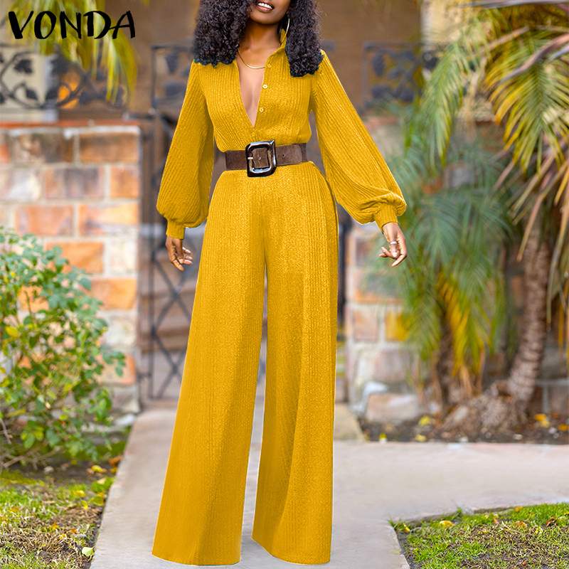 Elegant Puff Sleeve V Neck Wide Leg Jumpsuits