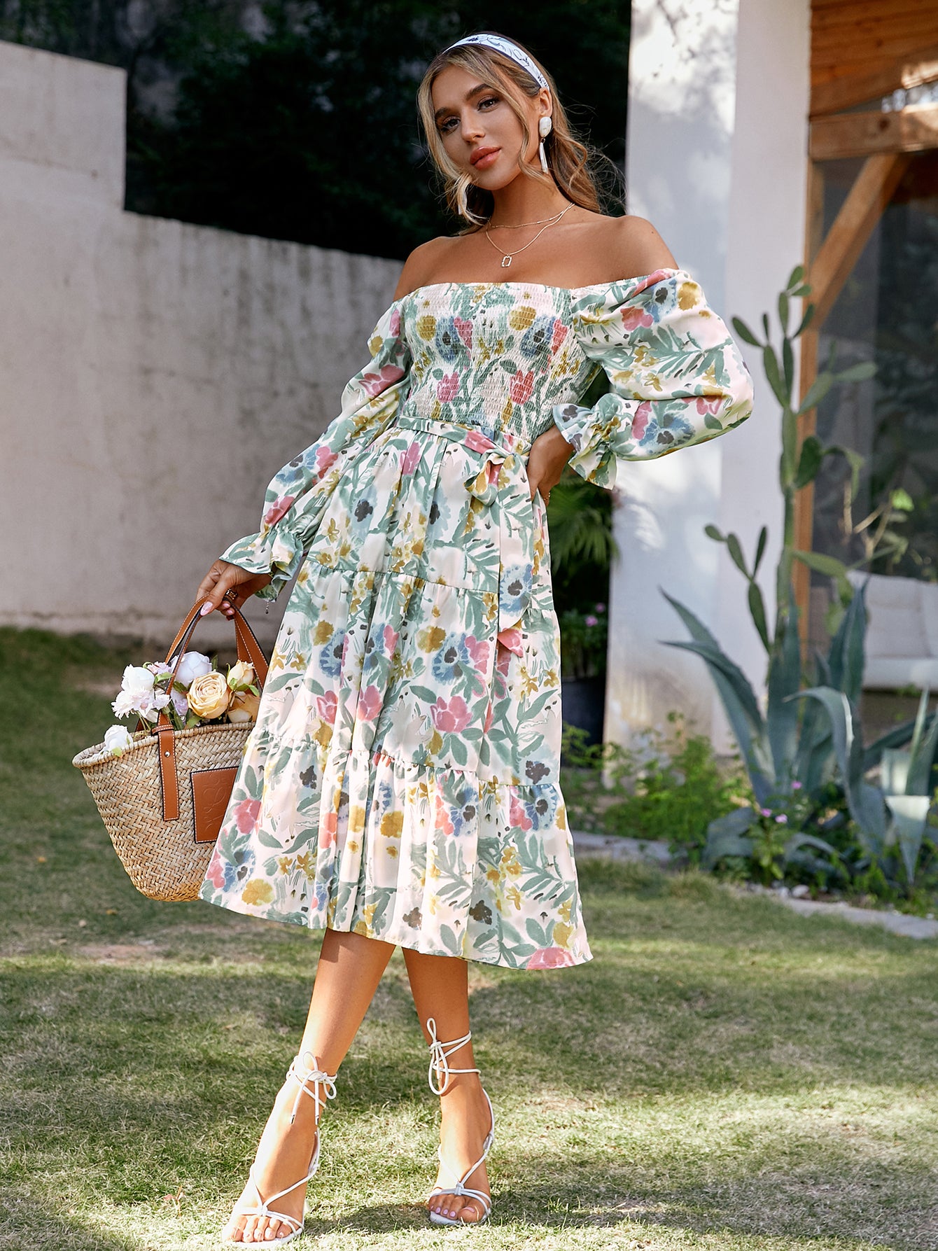 Off shoulder long sleeve ruffle dress