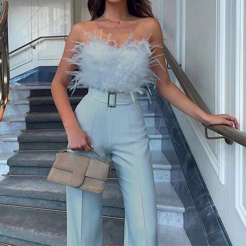 Elegant Sleeveless Feather Lace-up Jumpsuit