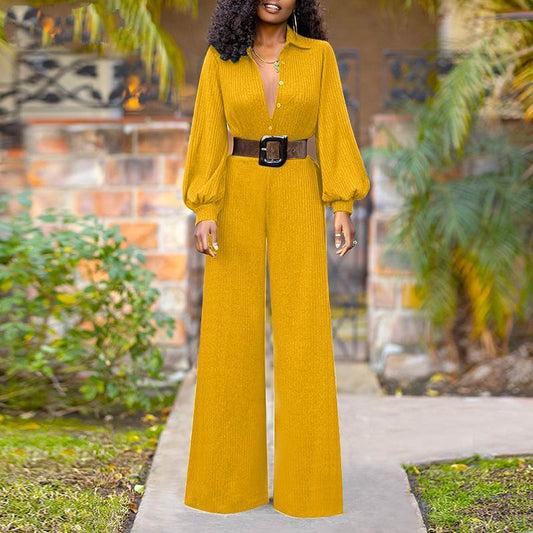 Elegant Puff Sleeve V Neck Wide Leg Jumpsuits