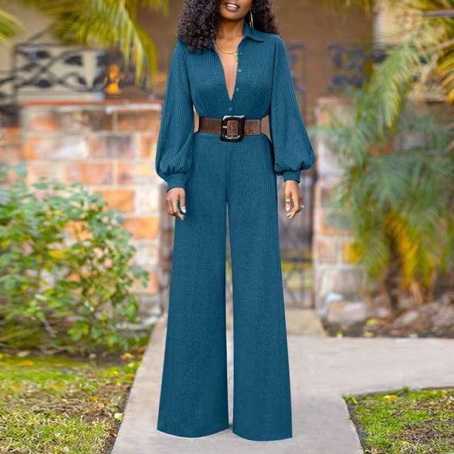 Elegant Puff Sleeve V Neck Wide Leg Jumpsuits