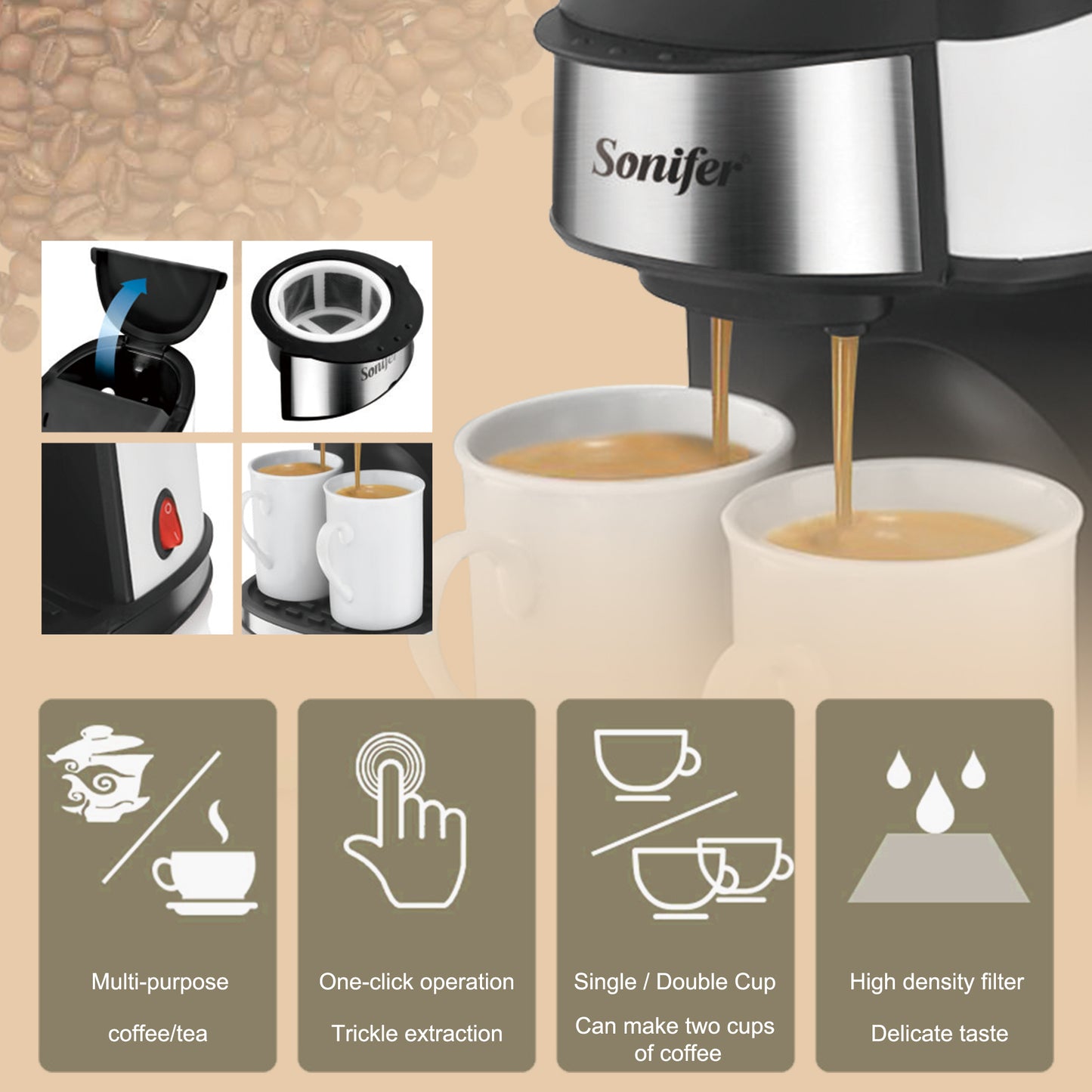 American Drip Coffee Maker Machine Double Cup