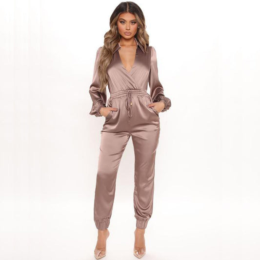 Elegant V-Neck Solid Lantern Sleeve Jumpsuit