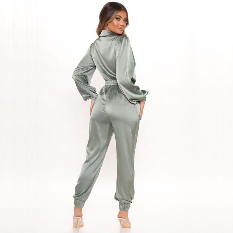 Elegant V-Neck Solid Lantern Sleeve Jumpsuit