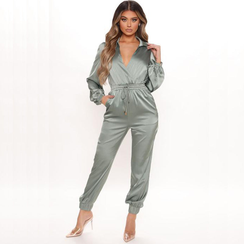 Elegant V-Neck Solid Lantern Sleeve Jumpsuit