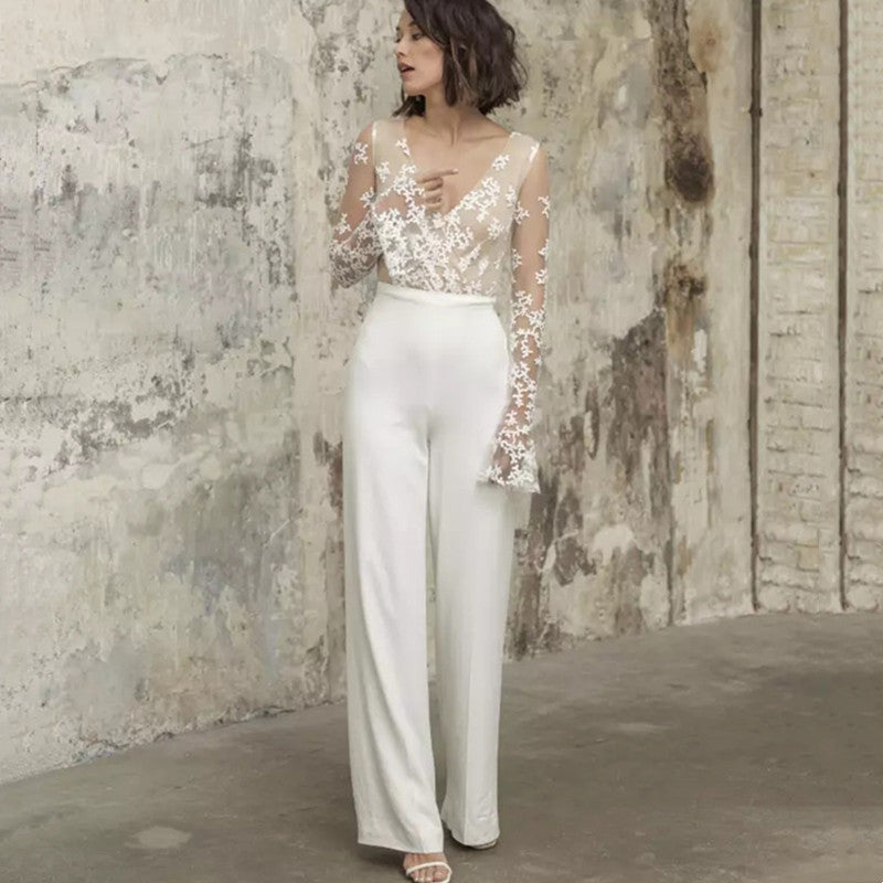 Elegant Bridal V-Neck Top Lace Long Sleeves Jumpsuit