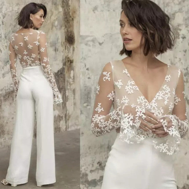 Elegant Bridal V-Neck Top Lace Long Sleeves Jumpsuit