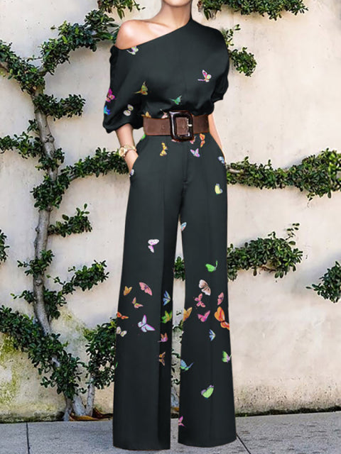 Summer Print Flora Sexy Off Shoulder Long Sleeve Jumpsuit