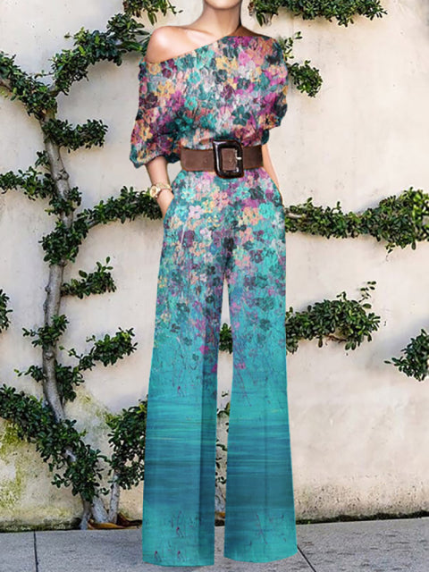 Summer Print Flora Sexy Off Shoulder Long Sleeve Jumpsuit