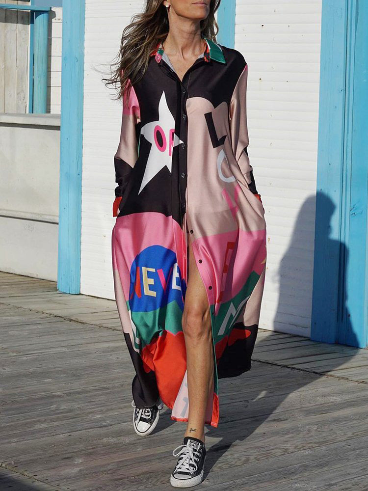 Elegant Fashion Fun Prints Long Sleeve Long Dress