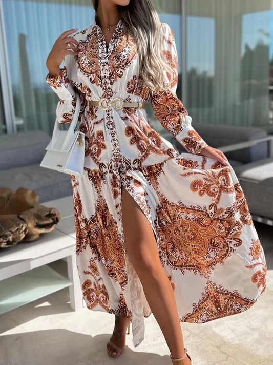 Elegant Printed Long Sleeve V Neck  Vintage Dress